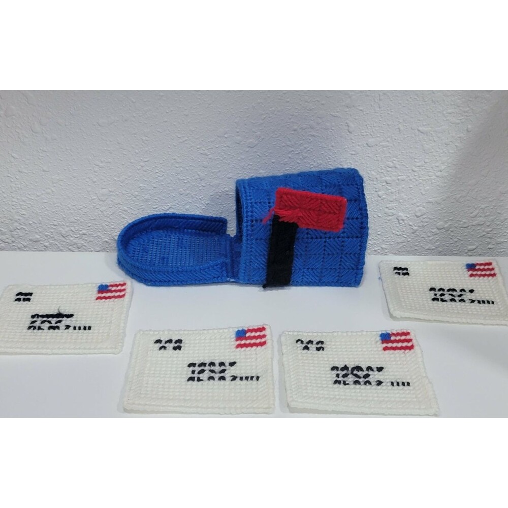 Vintage Yarn Plastic Canvas Mailbox w/ Mail - 5 inch